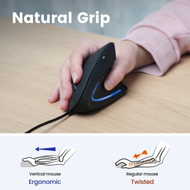 Alt view image 3 of 7 - Perixx PERIMICE-513C Wired Vertical USB-C Mouse, 6 Buttons, Adjustable 1000/1600 DPI, Right-Handed, 5.9ft Cable, Black