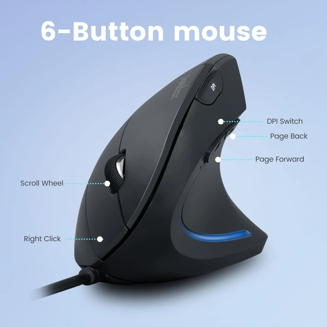 Alt view image 5 of 7 - Perixx PERIMICE-513C Wired Vertical USB-C Mouse, 6 Buttons, Adjustable 1000/1600 DPI, Right-Handed, 5.9ft Cable, Black