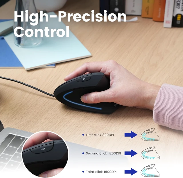 Alt view image 4 of 7 - Perixx PERIMICE-513C Wired Vertical USB-C Mouse, 6 Buttons, Adjustable 1000/1600 DPI, Right-Handed, 5.9ft Cable, Black