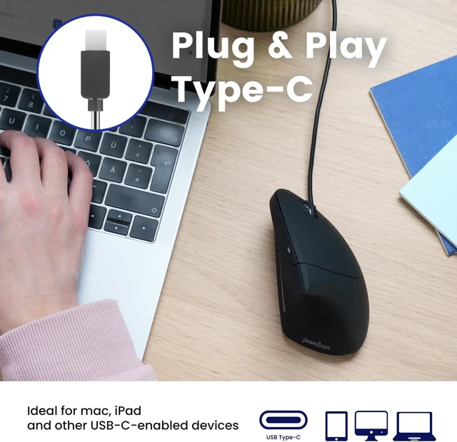 Alt view image 6 of 7 - Perixx PERIMICE-513C Wired Vertical USB-C Mouse, 6 Buttons, Adjustable 1000/1600 DPI, Right-Handed, 5.9ft Cable, Black