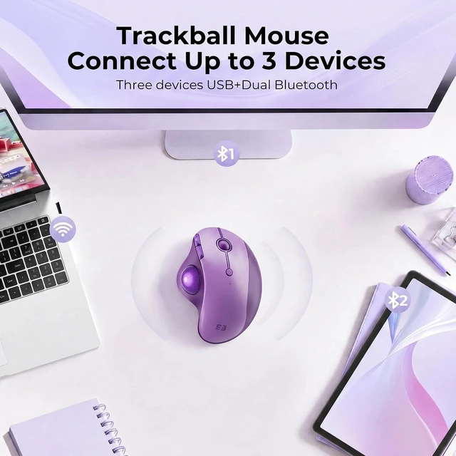 Alt view image 6 of 7 - seenda Wireless Trackball Mouse, Ergonomic Bluetooth Rollerball Mice,Purple