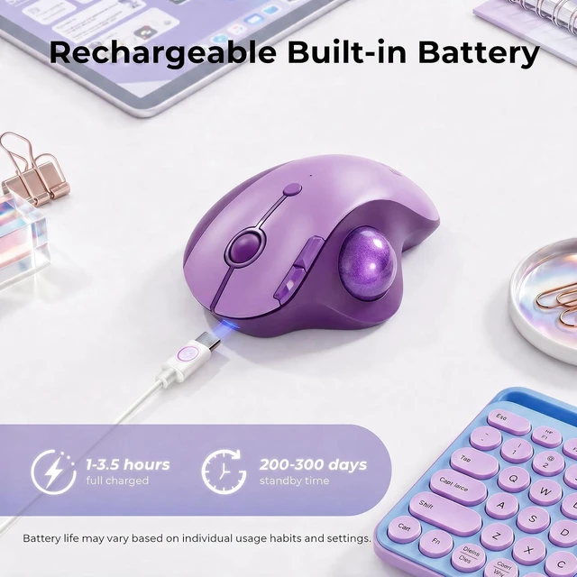 Alt view image 7 of 7 - seenda Wireless Trackball Mouse, Ergonomic Bluetooth Rollerball Mice,Purple