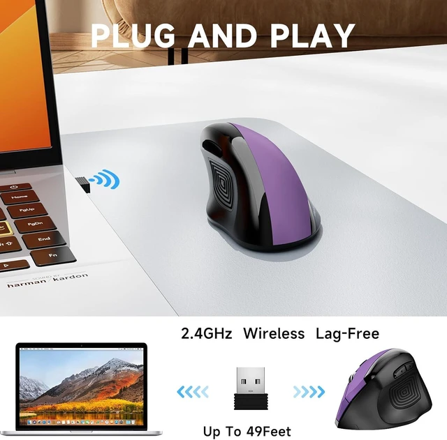 Alt view image 4 of 7 - memzuoix Ergonomic Wireless Mouse, 2.4G Optical Cordless, 800/1200/1600 DPI, Vertical Computer Mouse for Laptop, Mac, PC, Desktop (Right Hand, Large) - Purple