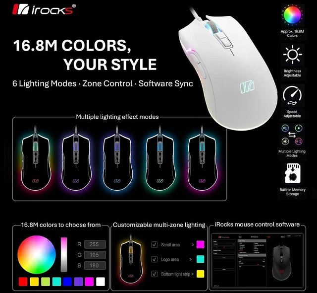 Alt view image 2 of 7 - iRocks M31E RGB Wired Gaming Mouse - 6,400 DPI, 7 Programmable Buttons