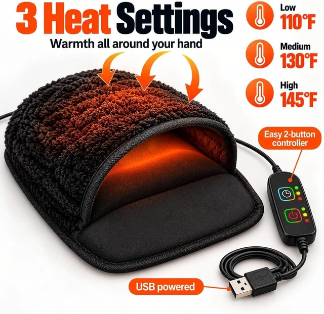 Alt view image 4 of 7 - USB Heated Mouse Pad Hand Warmer - 3 Temperatures/Time Limits - Controller Included - Works with All PC Mice - Makes a Great Gift for PC Users