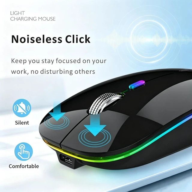 Alt view image 3 of 7 - Uiosmuph LED Wireless Mouse, G12 Slim Rechargeable Silent Mouse - Black
