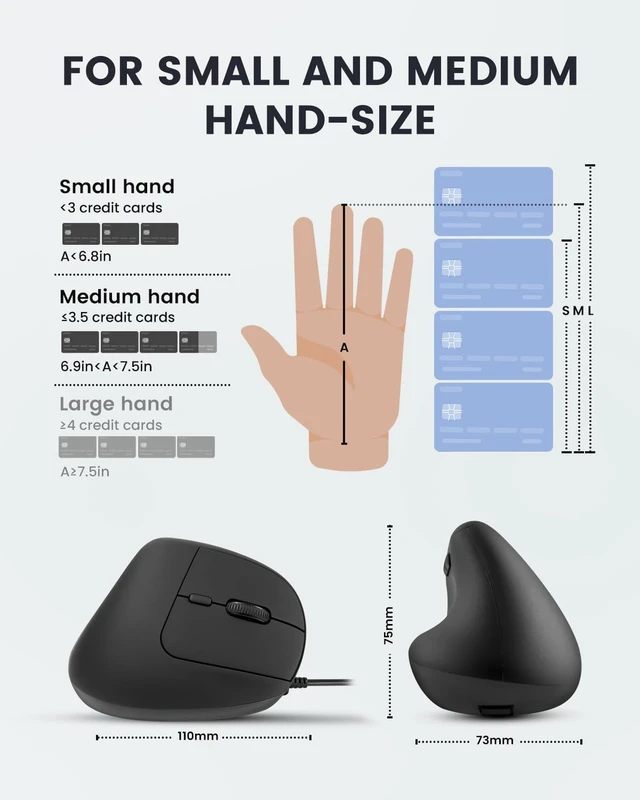 Alt view image 6 of 7 - Perixx PERIMICE-508II Wired Vertical Ergonomic Mouse - 6 Buttons, Adjustable DPI 1000/1600/3200/6400, Optical Sensor, USB Plug and Play, Right-Handed, Black