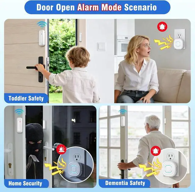 Alt view image 4 of 7 - SanJie Door Chime,Door Entry Chimes for Business/Home/Office/Store,2-in-1 Alarm & Chime,30 Chimes Mute-110dB Loud,500FT Range,Door Alarm for Kids Safety,1 Plug-in Receiver 3 Waterproof Sensors White