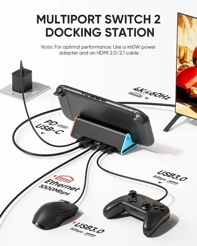 Alt view image 5 of 7 - Switch 2 Dock, 4K@60Hz TV Docking Station with 60W Fast Charger & HDMI Cable, Gigabit Ethernet Port (1000Mbps), Portable Replacement Base for Switch 2 ONLY, Accessories Bundle for Nintendo Switch 2