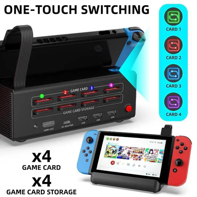 Alt view image 2 of 7 - Switch Dock Station with One-Key Card Switching, 4 Game Card Slots, Cooling Fan, 1080P HDMI Output, Type-C Power Input for Switch/Switch OLED, Portable TV Docking Station