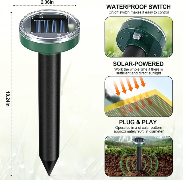 Alt view image 4 of 7 - 10 Pack Solar Powered Mole Repellent Ultrasonic Deterrent Spikes for Snake, Gopher, Groundhog & Vole, for Lawn, Garden & Yard