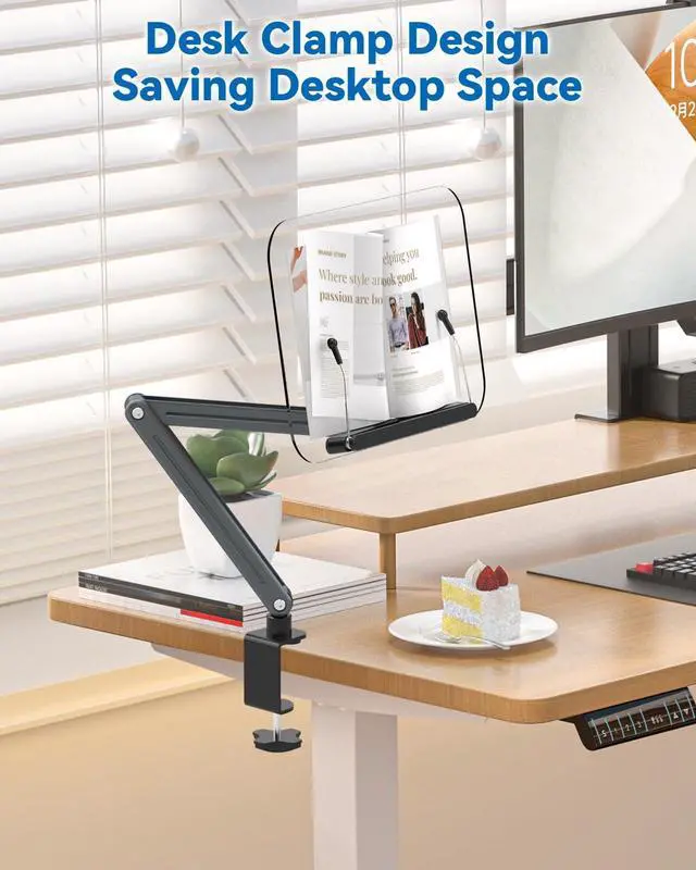 Alt view image 3 of 7 - Desk Clamp Acrylic Book Stand for Reading, Ergonomic Design Adjustable Height up to 20 inches with Rotating Bases Cookbook Stand, Suitable for Recipe, Sheet Music, Tablet(Gray)