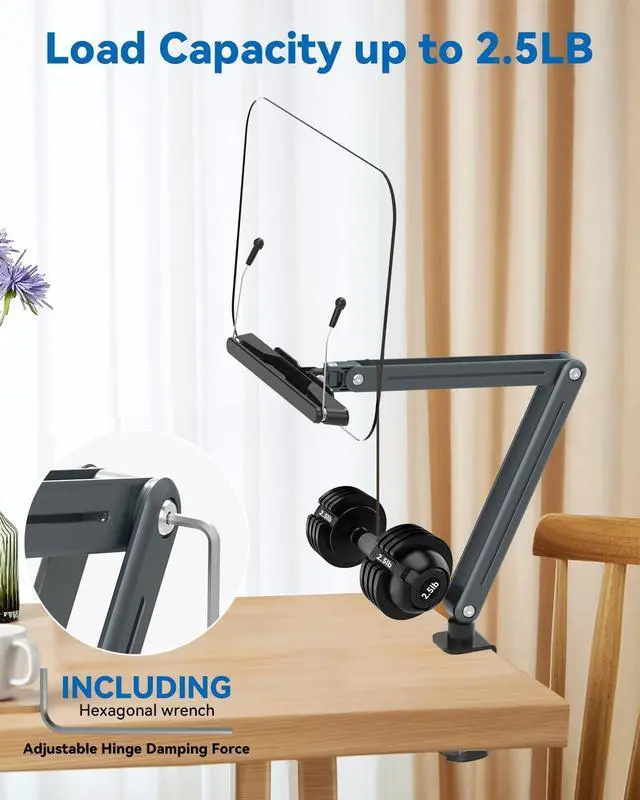 Alt view image 4 of 7 - Desk Clamp Acrylic Book Stand for Reading, Ergonomic Design Adjustable Height up to 20 inches with Rotating Bases Cookbook Stand, Suitable for Recipe, Sheet Music, Tablet(Gray)