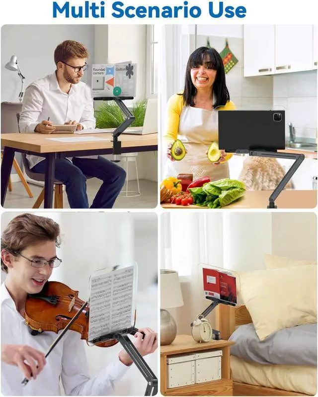 Alt view image 5 of 7 - Desk Clamp Acrylic Book Stand for Reading, Ergonomic Design Adjustable Height up to 20 inches with Rotating Bases Cookbook Stand, Suitable for Recipe, Sheet Music, Tablet(Gray)