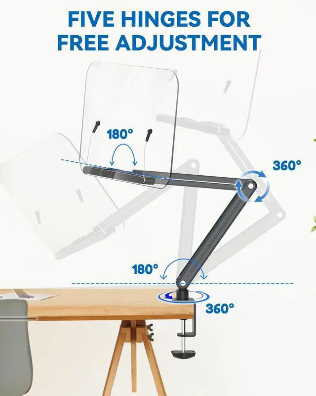 Alt view image 6 of 7 - Desk Clamp Acrylic Book Stand for Reading, Ergonomic Design Adjustable Height up to 20 inches with Rotating Bases Cookbook Stand, Suitable for Recipe, Sheet Music, Tablet(Gray)