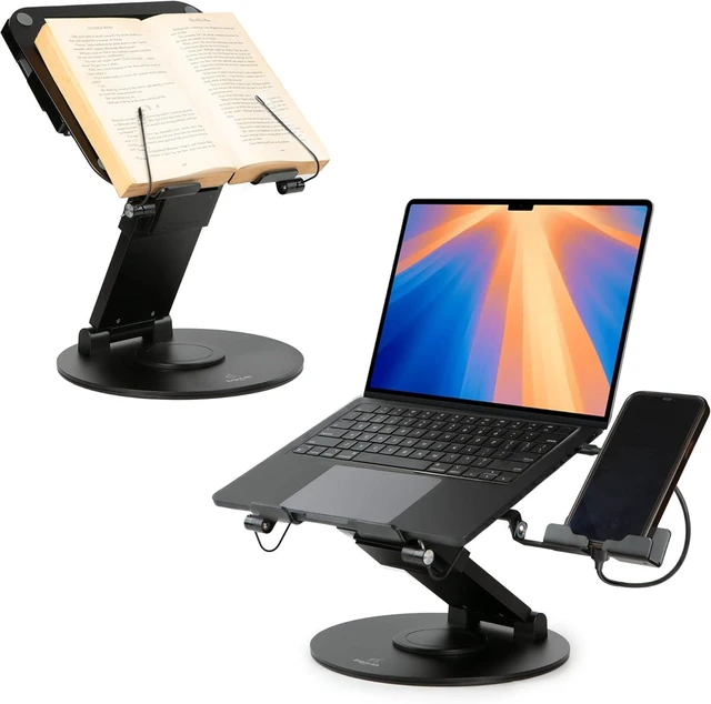 Main image of 3-in-1 Adjustable Laptop Stand, Book Stand & Phone Holder 360° Rotating Display, 221" Height for Ergonomics, Stylish Patented Office Desk Accessory - Sky Black