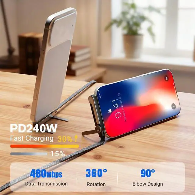 Alt view image 3 of 7 - Fast Charging Cable with Stand, 2-in-1 Invisible Holder Charger Cable with Stand, 240W Fast Charging Type-C Cable & Sideways Phone Stand for Gaming, Office, Travel (3, Black)