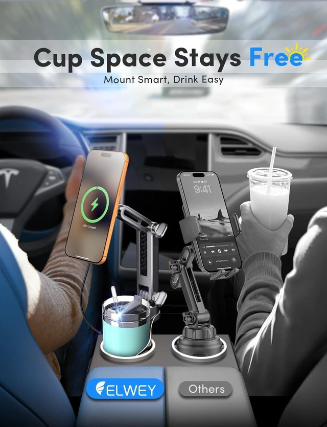 Alt view image 2 of 7 - for Magsafe Car Mount Charger Wireless, Upgraded 3 in 1 Cup Phone Holder with Dual Flexible Bases, 15W Fast Charging Phone Holder Magnetic, Powerful N55 Magnet, 15" Height, for iPhone 17 16 15