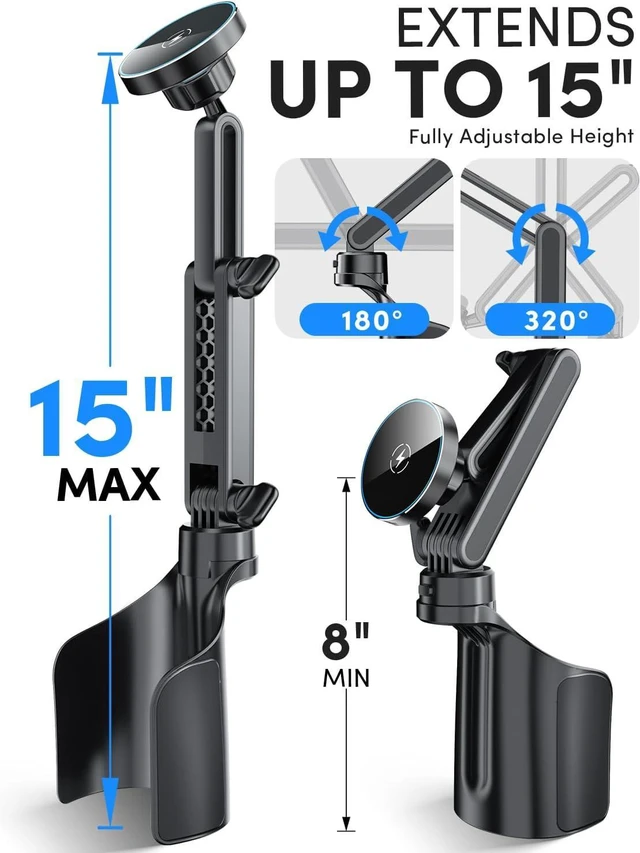 Alt view image 5 of 7 - for Magsafe Car Mount Charger Wireless, Upgraded 3 in 1 Cup Phone Holder with Dual Flexible Bases, 15W Fast Charging Phone Holder Magnetic, Powerful N55 Magnet, 15" Height, for iPhone 17 16 15