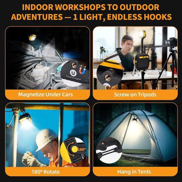 Alt view image 7 of 7 - 6000mAh Magnetic Work Light Rechargeable with 4000 Lumen IP65 Waterproof, 30H Runtime, 4 Brightness & 4 Color Modes with Red SOS, Strong Magnet Base for Car Repair, Camping, Emergency 2PC