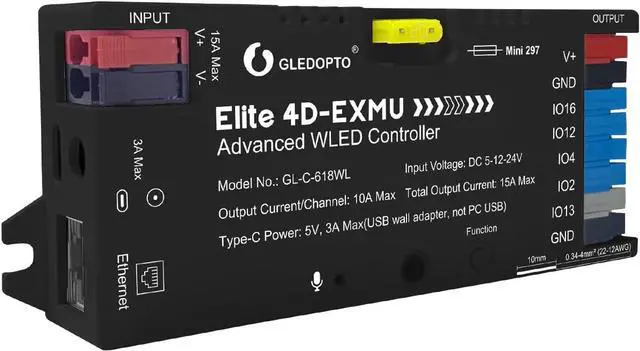 Main image of Elite 4 Channel ESP32 WLED LED Strip Light Controller Ethernet WiFi Dual Control Sound Reactive UART Energy Save Relay 20A Pluggable Fuse Level Shifter WS2811/12 SK6812 WS2815 Addressable LED