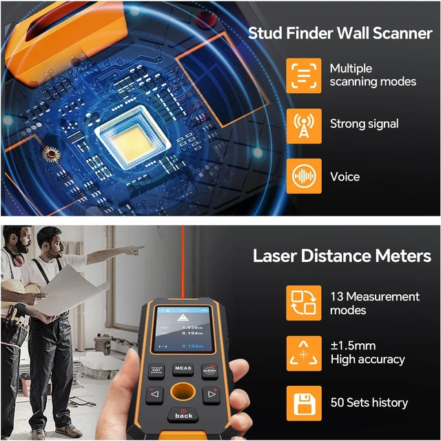 Alt view image 6 of 7 - Stud Finder Wall - with Laser Distance Meter & Digital Level, 5 in 1 Rechargeable Multifunctional Stud Detector with Upgraded Sensor, HD LCD Display and Voice
