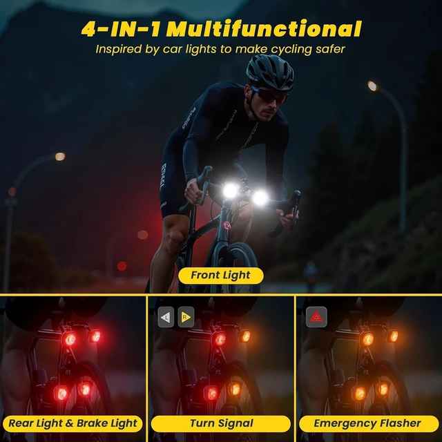 Alt view image 2 of 7 - Smart Bike Light System - Taillight, Headlight & Turn Signal, Sync Front & Rear for Night Riding, 3+2+1 Modes, Rechargeable with Remote Controller, IP67 Waterproof Day/Night Mode
