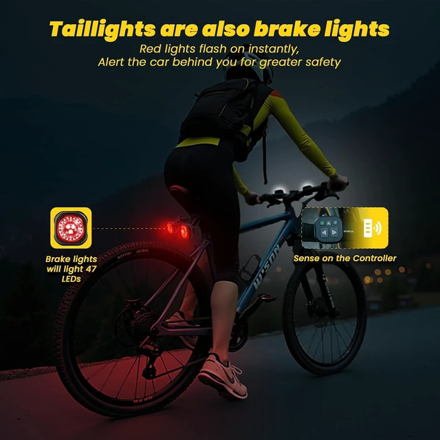 Alt view image 6 of 7 - Smart Bike Light System - Taillight, Headlight & Turn Signal, Sync Front & Rear for Night Riding, 3+2+1 Modes, Rechargeable with Remote Controller, IP67 Waterproof Day/Night Mode