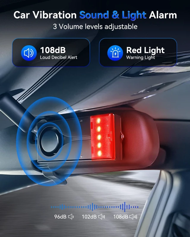 Alt view image 2 of 7 - 108dB Car Alarm System, Car Anti-Theft Vibration Sensor Alarm & Red Light, Wireless Remote Anti Theft Vehicle Device with Magnetic Install Design for RV, SUV, Truck