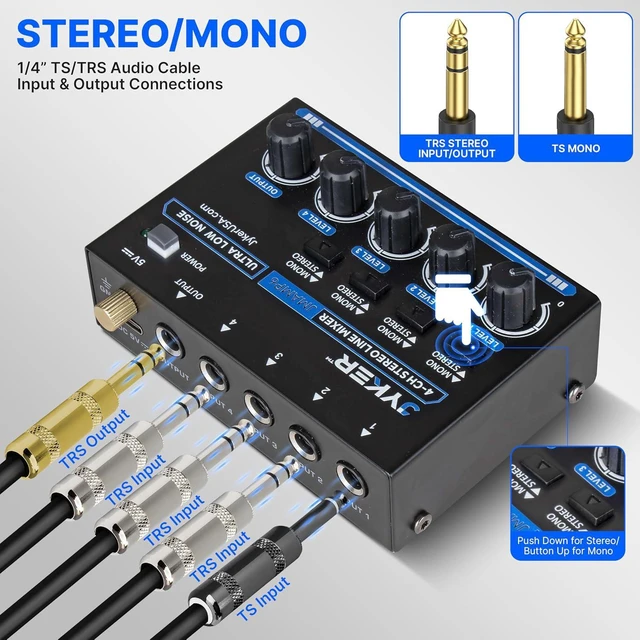 Alt view image 3 of 7 - JMAMP6 4-Channel Stereo Line Mixer Compact TS/TRS Audio Mixer with Mono/Stereo Switch, Independent Level Controls, USB-C Powered, Low Noise for Studio, Live & Rehearsal