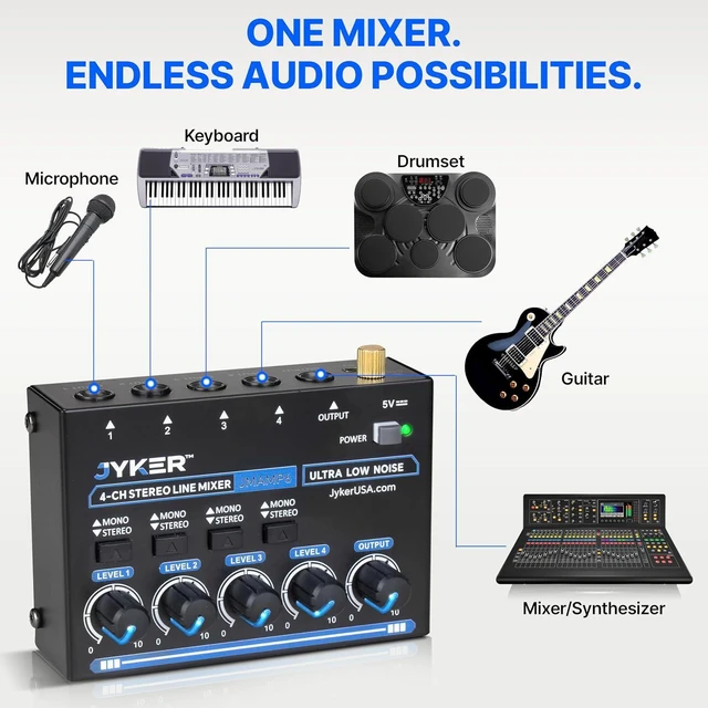 Alt view image 5 of 7 - JMAMP6 4-Channel Stereo Line Mixer Compact TS/TRS Audio Mixer with Mono/Stereo Switch, Independent Level Controls, USB-C Powered, Low Noise for Studio, Live & Rehearsal