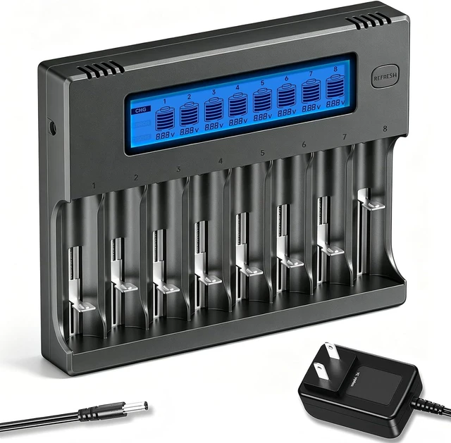 Main image of 18650 Battery Charger, 8-Bay Smart LCD Display, Fast Charge Rechargeable Li-ion LiFePO4 Ni-MH Ni-Cd AA AAA CR123a 21700 26650 13650 16340 18350 18700