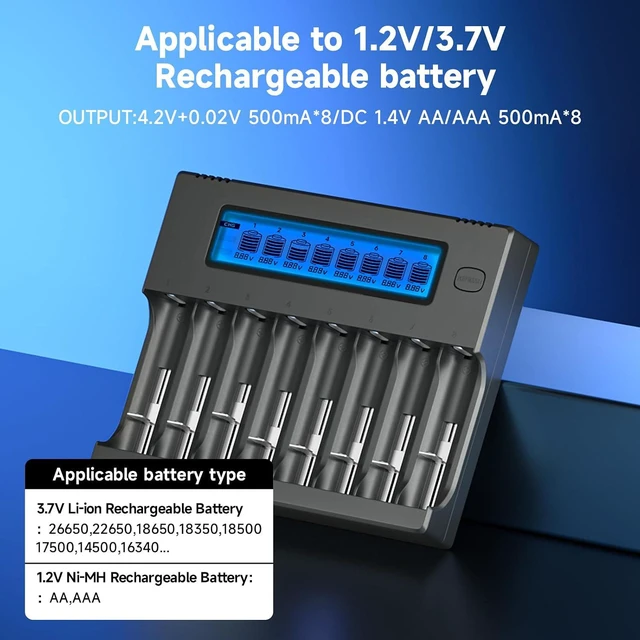 Alt view image 4 of 7 - 18650 Battery Charger, 8-Bay Smart LCD Display, Fast Charge Rechargeable Li-ion LiFePO4 Ni-MH Ni-Cd AA AAA CR123a 21700 26650 13650 16340 18350 18700
