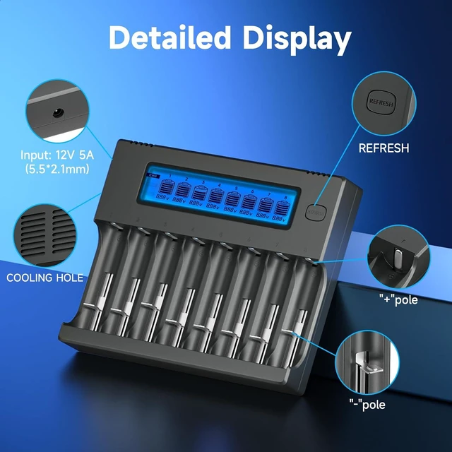 Alt view image 3 of 7 - 18650 Battery Charger, 8-Bay Smart LCD Display, Fast Charge Rechargeable Li-ion LiFePO4 Ni-MH Ni-Cd AA AAA CR123a 21700 26650 13650 16340 18350 18700