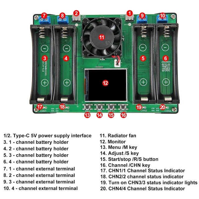 Alt view image 5 of 7 - 2Pcs 4-Channel 18650 Battery Capacity Tester, Automatic Charge Discharge Module with Internal Resistance Test for Flat Top Batteries, Type-C Powered Lithium Battery Analyzer