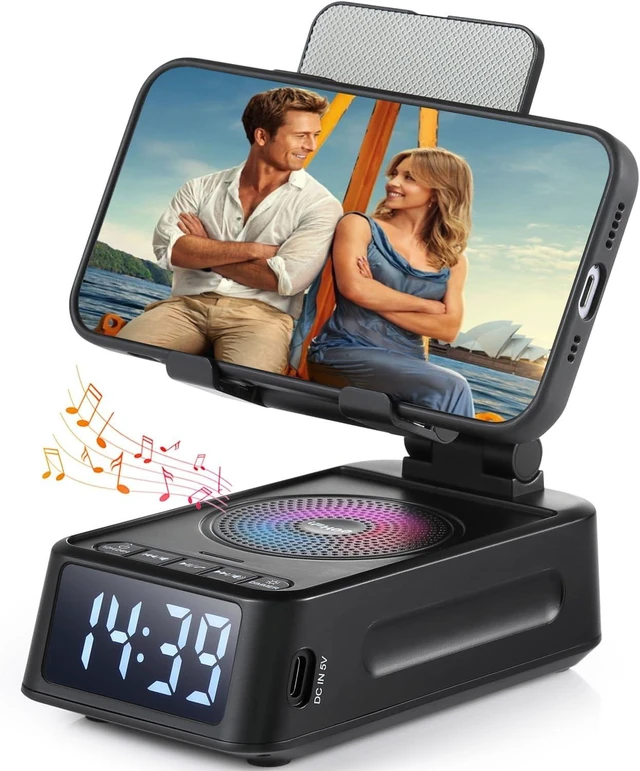 Main image of Gifts for Men Women Phone Stand with Bluetooth Speaker&Clock Birthday Gifts for Him Phone Holder with Wireless Speaker Ideal for Dad Mom Husband Boy Cool Tech Gadget for Men