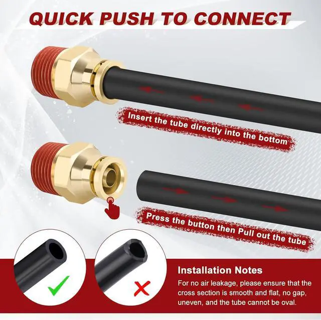Alt view image 3 of 6 - 1/4 Quick Push to Connect Fittings Brass Male Straight and Elbow Combination DOT Approved 1/4 Tube OD to 1/4 and 1/8 NPT DOT Air Line Fittings Kit Air Suspension Kit Air Hose Repair Kit 40pcs