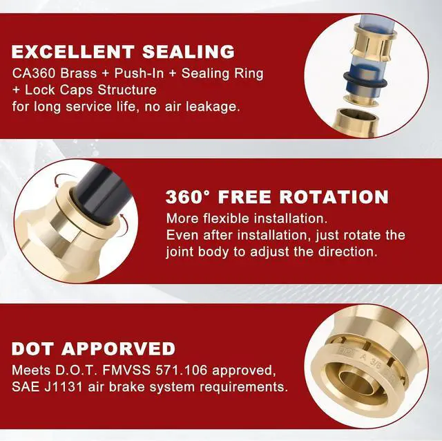 Alt view image 4 of 6 - 3/8" Quick Push to Connect Fittings Brass Union Straight Joint DOT Approved 3/8" Tube OD x 1/2" NPT Thread Air Line Adapter Air Suspension Kit for Truck Trailers and Air Brake System 10pcs