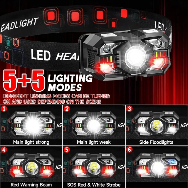 Alt view image 2 of 6 - Headlamp Rechargeable 6Pack 3000 Lumen Ultra-Light Bright Headlamp Flashlight with White Red Light LED Headlight Motion Sensor 5+5 Mode for Outdoor Camping Fishing Running Hiking
