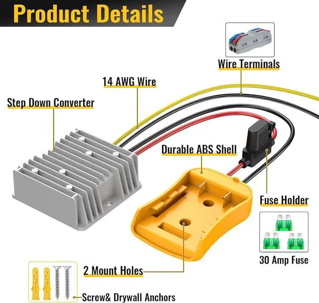 Alt view image 2 of 7 - 2 Pack 20V to 12V Step Down Converter Compatible with DeWalt 20V Battery | Power Wheel Battery Adapter, DC 12V 20A 240W Buck Converter Regulator 30A Fuse & Wire Terminal