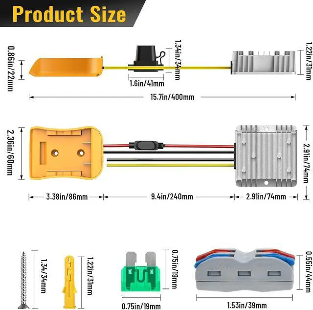 Alt view image 4 of 7 - 2 Pack 20V to 12V Step Down Converter Compatible with DeWalt 20V Battery | Power Wheel Battery Adapter, DC 12V 20A 240W Buck Converter Regulator 30A Fuse & Wire Terminal
