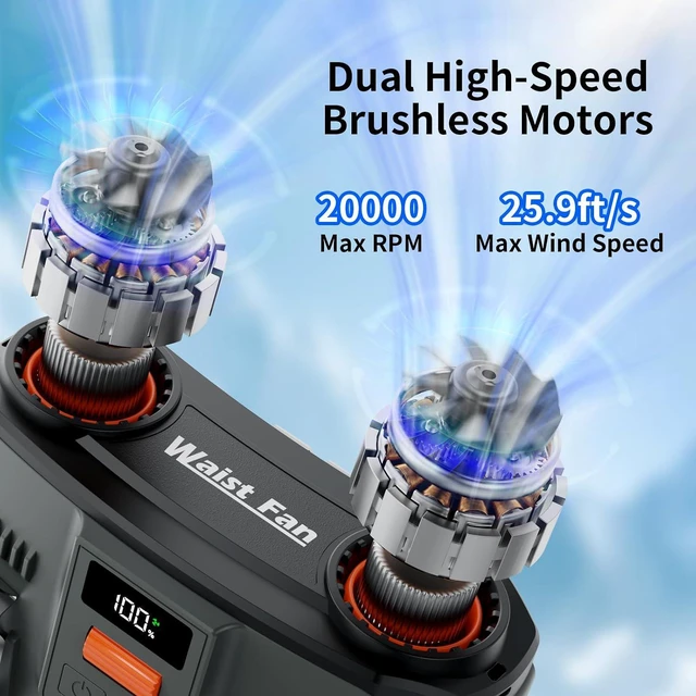 Alt view image 2 of 6 - 20000mAh Portable Waist Fan Rechargeable, Personal Cooling Fan Clip on Wearable Belt Shirt, 100-Speed Battery Operated & 20000RPM Dual Motors, Hands-Free Neck Fan for Outdoor Jobsite Travel