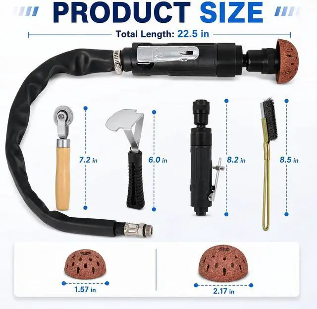 Alt view image 2 of 7 - Air Tire Repair Polish Patch Kit Heavy Duty - Includes 2500RPM Air Tire Buffer, Tire Inner Liner Scraper, 4 Tungsten Steel Buffing Wheel, Patch Roller, & Wire Brush - Professional Tire Patch Tools