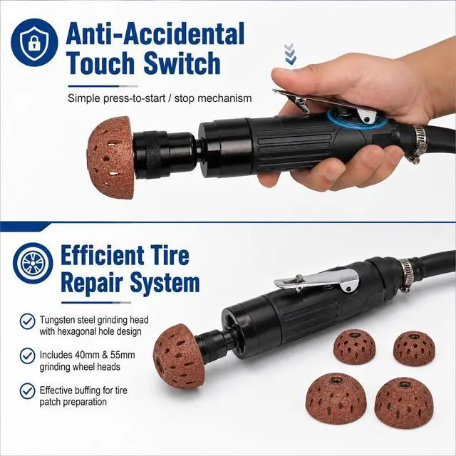 Alt view image 4 of 7 - Air Tire Repair Polish Patch Kit Heavy Duty - Includes 2500RPM Air Tire Buffer, Tire Inner Liner Scraper, 4 Tungsten Steel Buffing Wheel, Patch Roller, & Wire Brush - Professional Tire Patch Tools