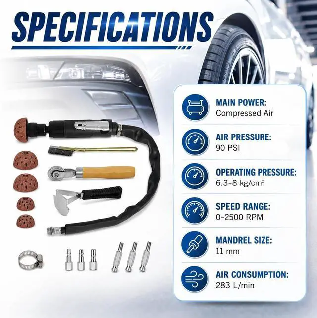 Alt view image 7 of 7 - Air Tire Repair Polish Patch Kit Heavy Duty - Includes 2500RPM Air Tire Buffer, Tire Inner Liner Scraper, 4 Tungsten Steel Buffing Wheel, Patch Roller, & Wire Brush - Professional Tire Patch Tools
