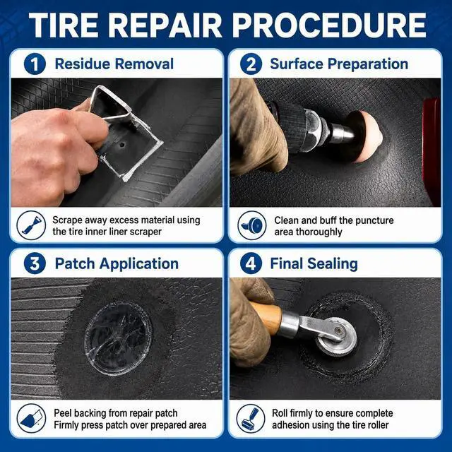Alt view image 6 of 7 - Air Tire Repair Polish Patch Kit Heavy Duty - Includes 2500RPM Air Tire Buffer, Tire Inner Liner Scraper, 4 Tungsten Steel Buffing Wheel, Patch Roller, & Wire Brush - Professional Tire Patch Tools