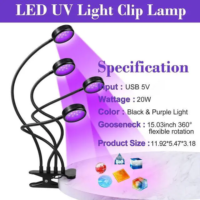 Alt view image 2 of 7 - UV Light with USB, 20W 395nm~405nm Dimmable Portable Gooseneck Clamp Black Lights, UV Lamp with Clip for Glue Resin Curing, Gel Nail, Resin Art