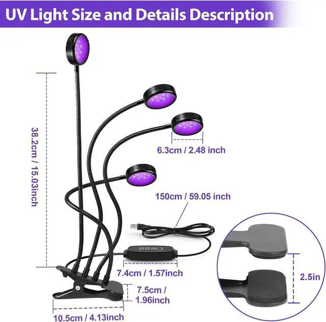 Alt view image 6 of 7 - UV Light with USB, 20W 395nm~405nm Dimmable Portable Gooseneck Clamp Black Lights, UV Lamp with Clip for Glue Resin Curing, Gel Nail, Resin Art