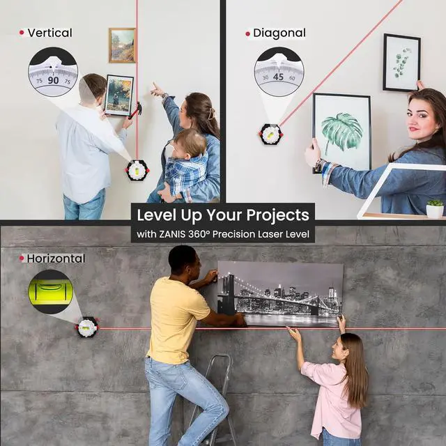 Alt view image 2 of 7 - Multi Surface Laser Level 360° Dual Dials with Bubble Level Wall-Mountable with Pins, Screws, or Sticky Pads Precision Tool for Hanging Pictures, Shelves, and DIY Projects