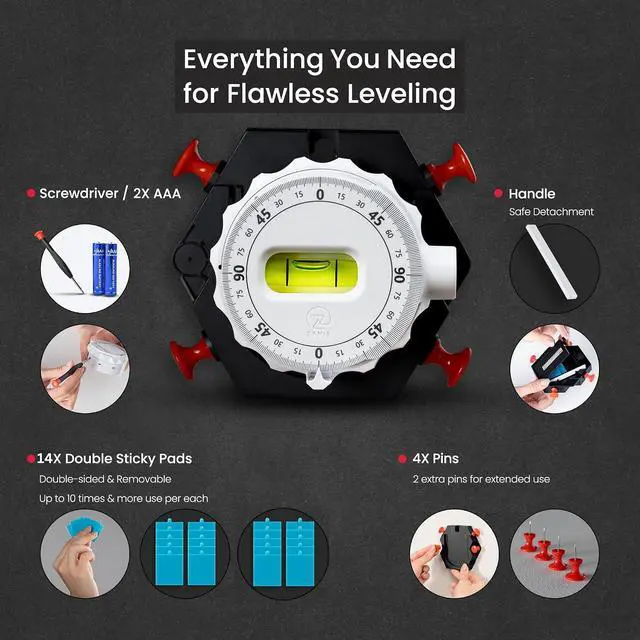 Alt view image 5 of 7 - Multi Surface Laser Level 360° Dual Dials with Bubble Level Wall-Mountable with Pins, Screws, or Sticky Pads Precision Tool for Hanging Pictures, Shelves, and DIY Projects